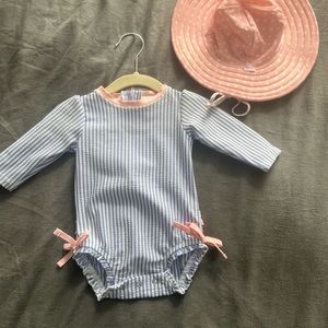 Rufflebutts Seersucker Long Sleeve Rash Guard (3-6m) and matching hat (0-12m)